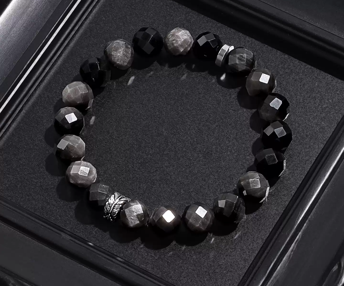 Silver Obsidian Bracelet on a dark background
